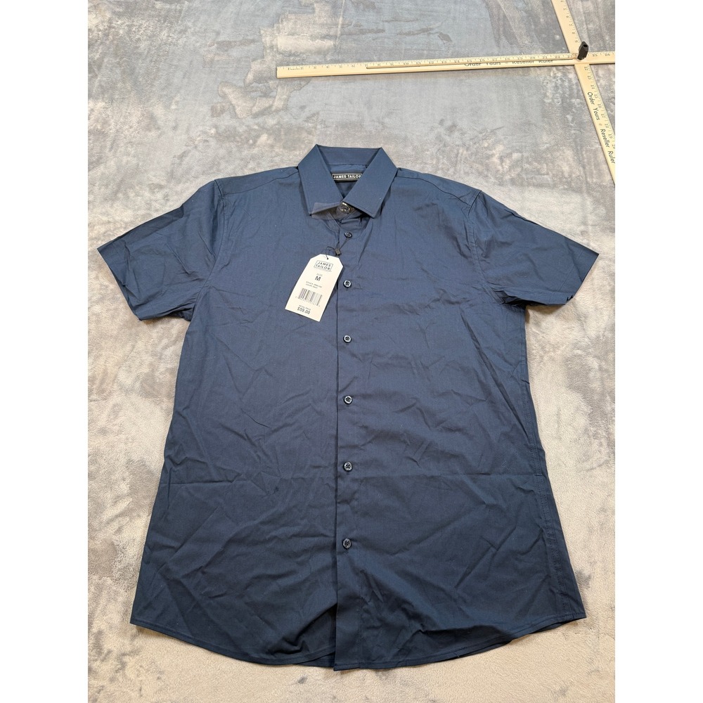 James Tailor Men's Navy Blue Short Sleeve Button Down‎ Casual Shirt Size M NWT